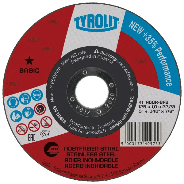Rezna ploča čelik "super tanka" 41, 125x1,0x22,23mm ravna A60R-BFB INOX TYROLIT, Z34332869