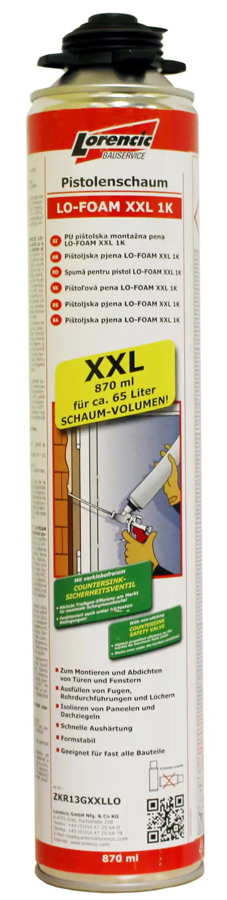 =§= Pištoljska pena LO-FOAM XXL 1K 870ml 12kom/karton, 70karton/paleta, ZKR13GXXLLO