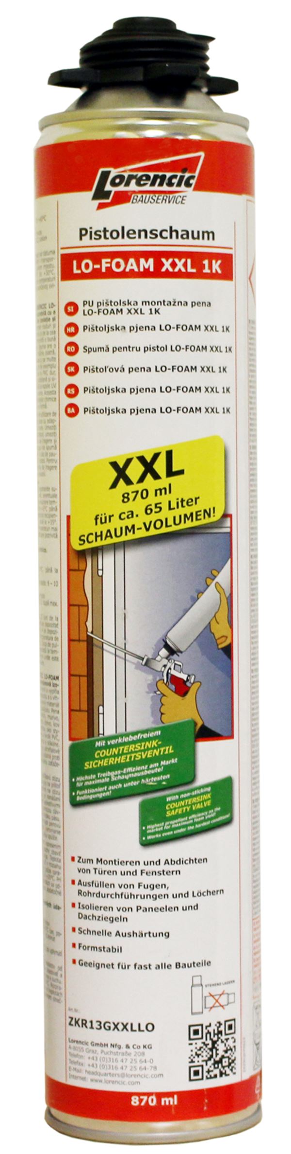 =§= Pištoljska pena LO-FOAM XXL 1K 870ml 12kom/karton, 70karton/paleta, ZKR13GXXLLO